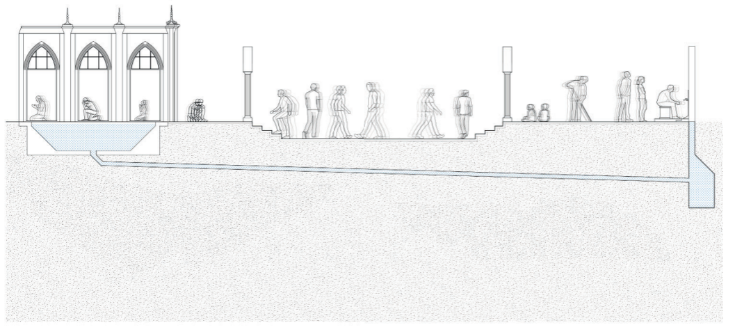 drawing of people walking at Zitouna Mosque and Midhat al-Sultan, Tunisia